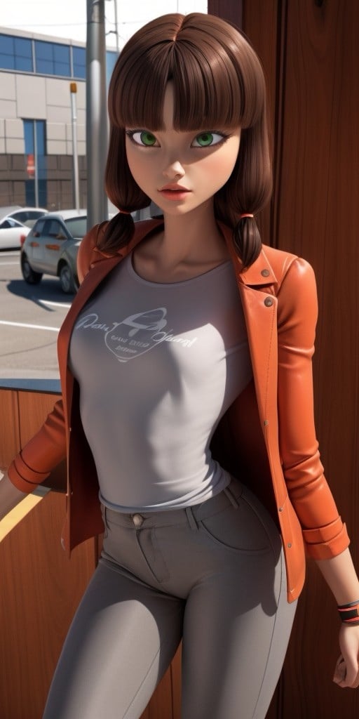 Hyperrealistic, photorealistic, super detailed, (gray pants), ((gray T-shirt under jacket)), (orange jacket), hip-length auburn wig with blunt bangs and two shorter pieces framing her face which is loosely tied near the ends with orange bands, expressive grayish chartreuse green eyes, fourteen years old, body like in real life, large pores, slender, light tan skin, beautiful arms, very little very flat breasts, unreal engine, octane render, droped shadow, bokeh, cinematic lighting, <lora:add_detail:0.5>, <lora:Volumetric_lighting:0.6>, Lila, Rossi, Grayish chartreuse green eyes, Hip-length auburn wig with blunt bangs and two shorter pieces framing her face which is loosely tied near the ends with orange bands, , <lora:78470c30-a7d9-432e-87fe-5eba4aa626a5:0.7>