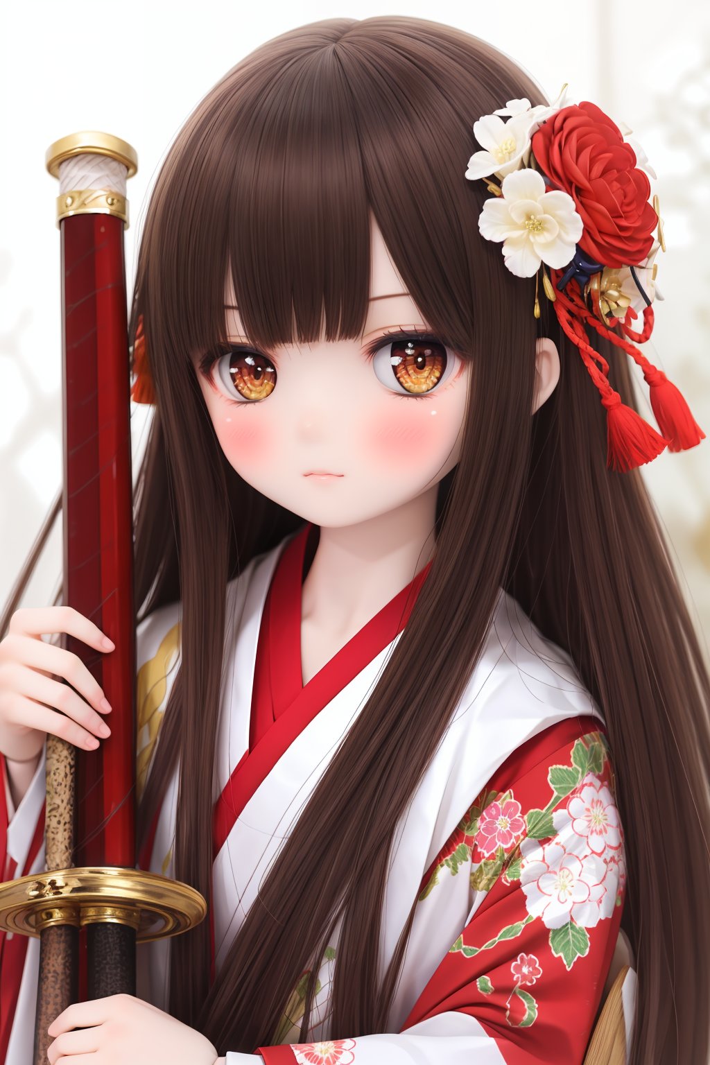 1girl,japanese clothes,long hair,weapon,solo,hair ornament,sword,flower,hair flower,kimono,brown hair,looking at viewer,katana,white kimono,bangs,holding,sheath,blush,brown eyes,upper body,wide sleeves,blurry,sheathed,long sleeves,holding weapon,bell,red flower,holding sword,doll,BJD,dtghdg254793,stfhgd796we2,adsderl931sq,cute,