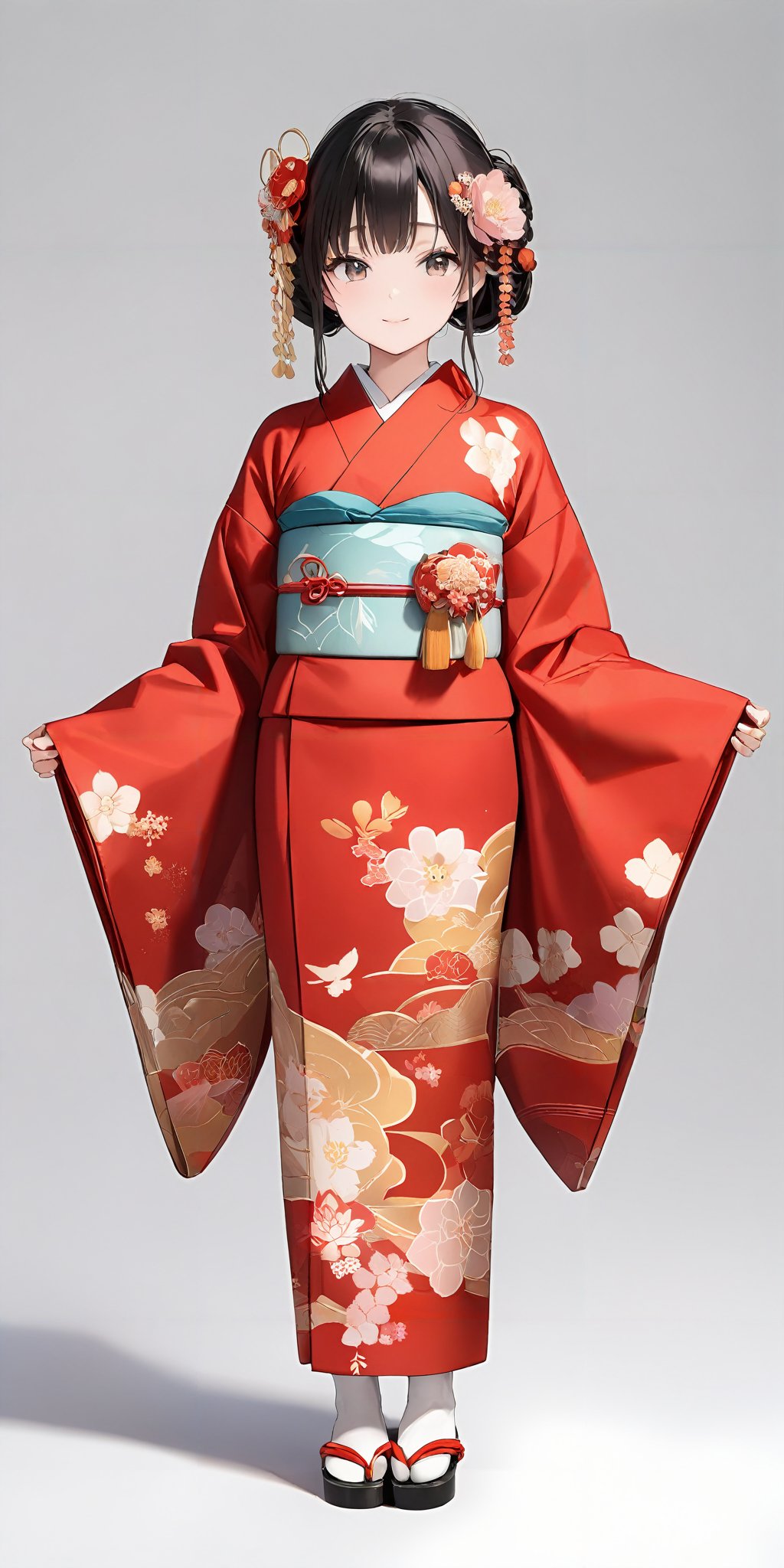 masterpiece,ultra-detailed,best quality,8K,illustration,cute face,clean skin ,shiny hair,girl,simple background, full body,<lora:add-detail-xl:1> <lora:furisode_XL_V1.0:0.6> jyojifuku, furisode, kimono, hair ornament, wide sleeves