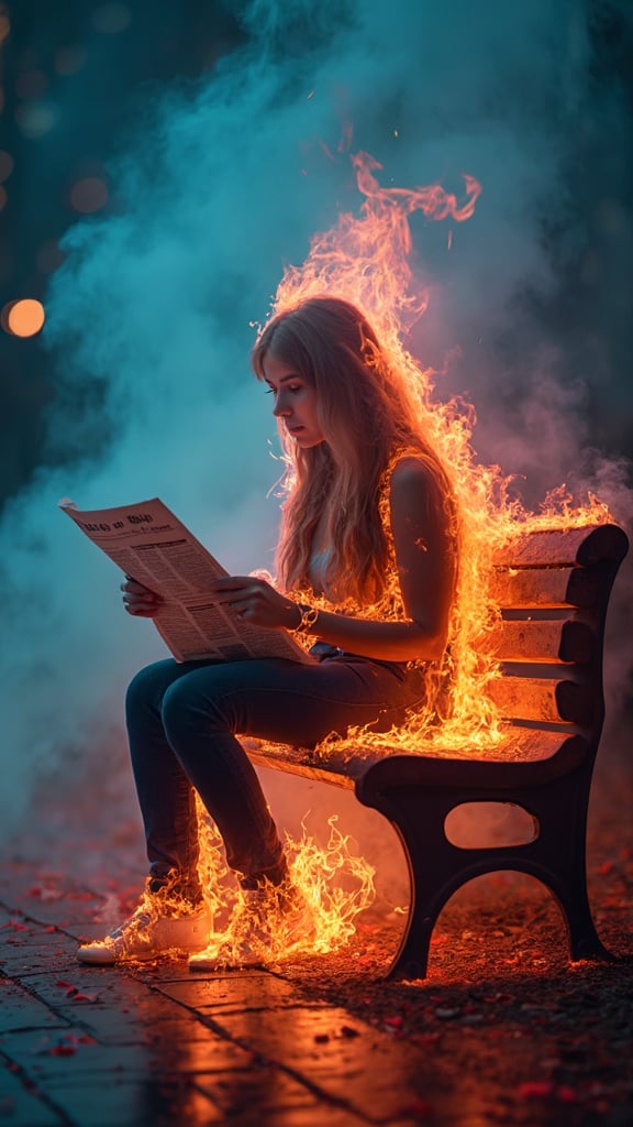 bailing fire,composed of fire and bellowing smoke elements,fire element,girl made of pink flames, Fire Skin,surrounded by blue flames.,blue fire, green flame,the woman in the image is sitting on a park bench on fire, long  fire hair, in the background the woman is surrounded by a bright blue aura that seems to be emanating from her body.,she is reading a news paper that is on fire, and she appears to be in the midst of a fire powerful display of energy, behind the woman is red text in flame font, The text says "DICE"