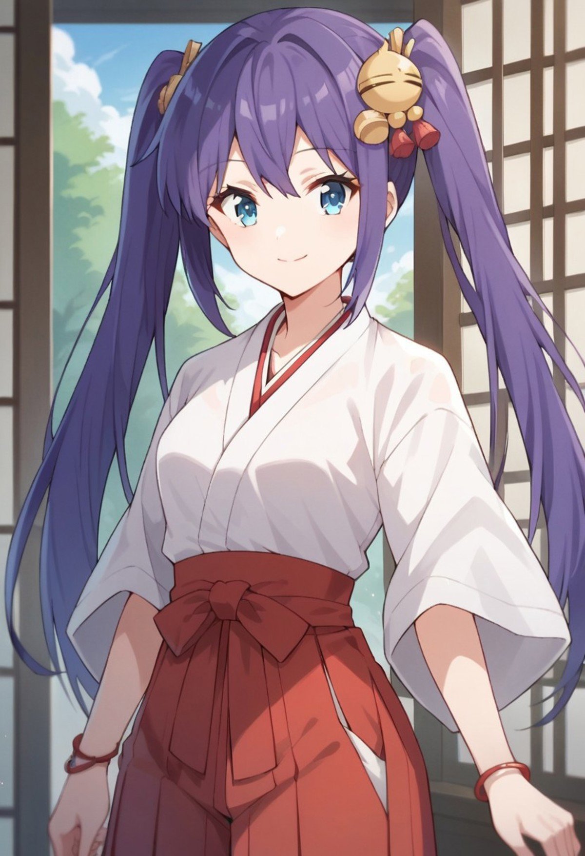 score_9, score_8_up, score_7_up, source_anime, manaka ao, long hair, blue eyes, twintails, purple hair, 1girl, japanese clothes, miko, hakama, hakama skirt, red hakama, solo, hair ornament, smile, jewelry, bracelet