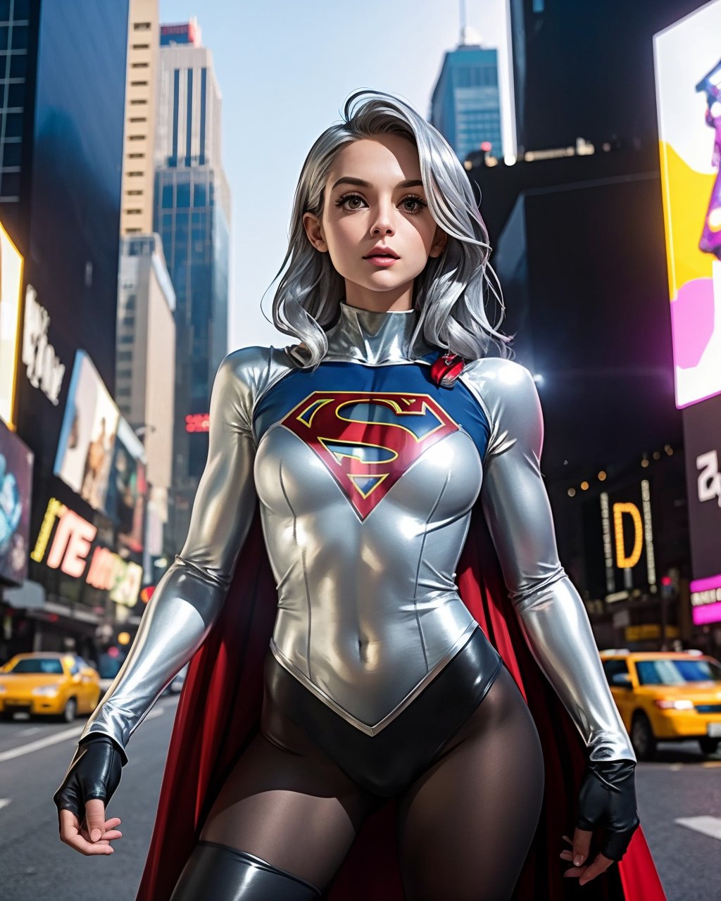 Supergirl, (((silver bodysuit))) with black skirt, black cape, standing in Time Square 