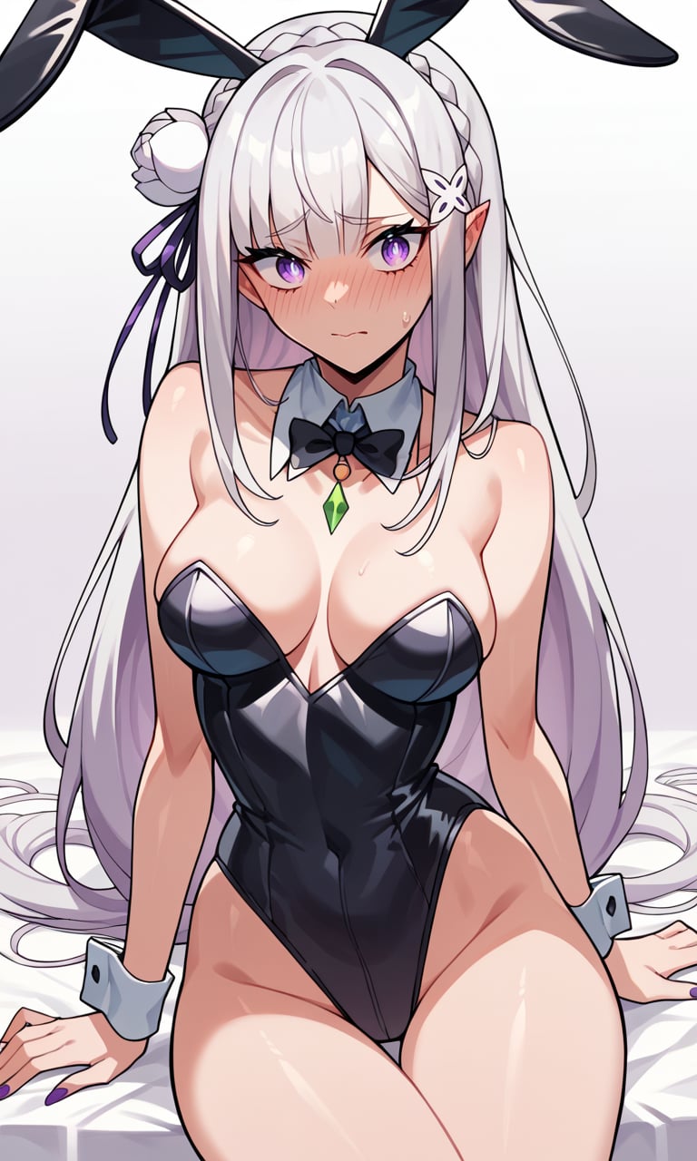 score_9, score_8_up, score_7_up, score_6_up, best quality, highres, ultra-detailed, Emilia, black playboy_bunny, sexy, medium_breasts, nervous, purple eyes, blue pupils, ringed eyes, x hair ornament, hair flower,  <lora:Emilia-XL-V7-000002:0.8>