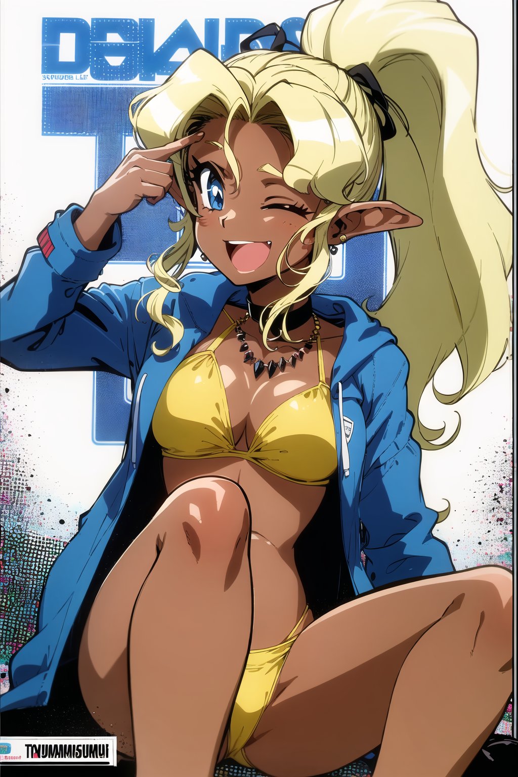 1girl, kuramitsu mihoshi, tenchi muyou!, 1girl, solo, long hair, breasts, looking at viewer, smile, open mouth, blue eyes, blonde hair, long sleeves, ribbon, cleavage, jewelry, medium breasts, sitting, jacket, swimsuit, ponytail, bikini, one eye closed, open clothes, choker, artist name, dark skin, hood, necklace, open jacket, dark-skinned female, hoodie, high ponytail, index finger raised, knee up