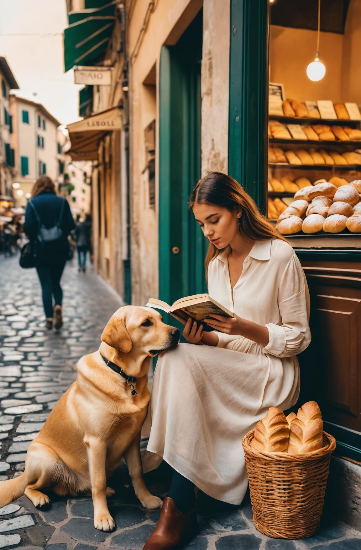 In the streets of Italy,a young woman is sitting outside a cafe She is reading a book,The book's title is One Hundred Years of Solitude,A golden Labrador is eating a piece of bread,polaroid,realistic,highres,The street is lined with various shops,filled with a variety of bread,pastries,and beverages,Dusk movie filter,Warm color tones,