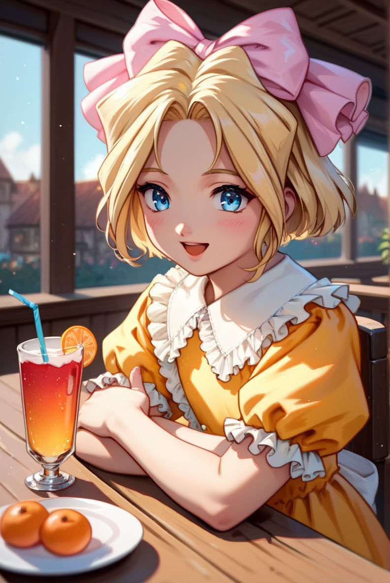 score_9, score_8_up, score_7_up, very aesthetic, source_anime, detailed, high quality, beautiful, masterpiece, detailed eyes,village, blurry background,<lora:lightXL:0.8>cowboy shot, upper body,restaurant, sitting, smile, closed eyes, open mouth, blush, drink, table, <lora:iris_autismConfetti_v01:0.95>flat chest,irisBase, blonde hair, blue eyes, hair bow, pink bow, short hair, parted bangs,yellow dress, frills, white puffy sleeves, short sleeves,  layered dress, lace  white socks, orange footwear,, zPDXL