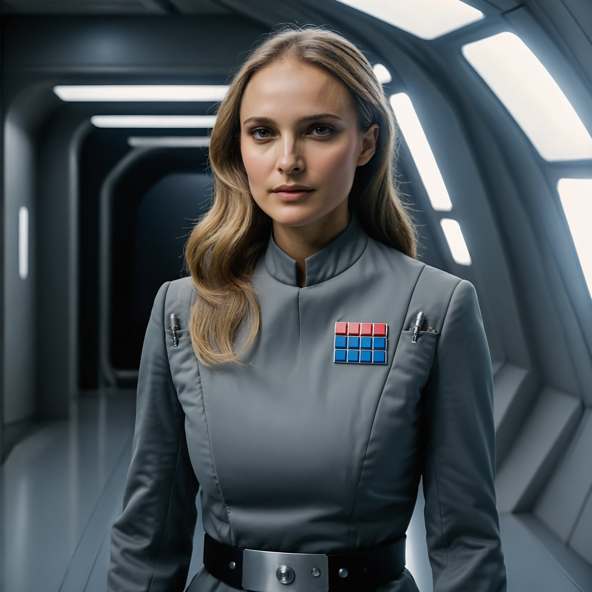 professional portrait photograph of a beautiful, (sexy:0.7) woman Natalie Portman with ((large and firm breasts:1.5)) a (thin waist), (matte skin) and (long sandy blonde hair), (wearing an Imperial officer (gray) uniform, <lora:Imperial Officer:0.7>), (looking at the camera in a futuristic spaceship corridor:1.2), summer <lora:DetailedEyes_V3:0.8> (pores:0.5) (freckles:0.2) (bokeh:0.3)