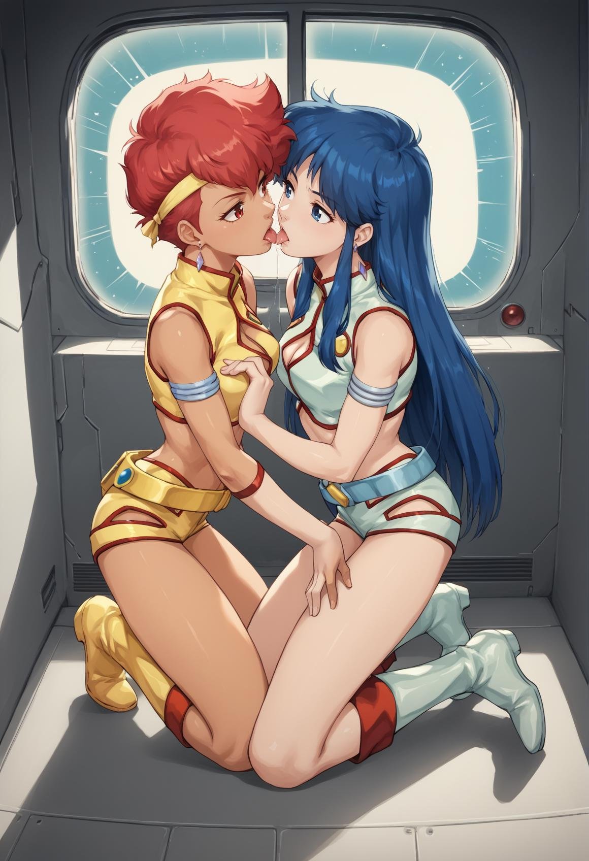 2girls, kei, dark skin, short hair, red hair, red eyes, hairband, earrings, jewelry, grey top crop, clothing cutout, single glove, wristband, armband, grey shorts, belt, Thigh Boots, grey footwear, dpyuri, pale skin, long hair, blue hair, blue eyes, yellow top crop, clothing cutout, yellow shorts, Boots, yellow footwear, kneeling, indoors, spacecraft interior, kissing, tongue, saliva, window, space, <lora:Dirty_Pair_XL:1>, score_9, score_8_up, score_7_up, score_6_up, score_5_up, score_4_up, BREAK source_anime, masterpiece