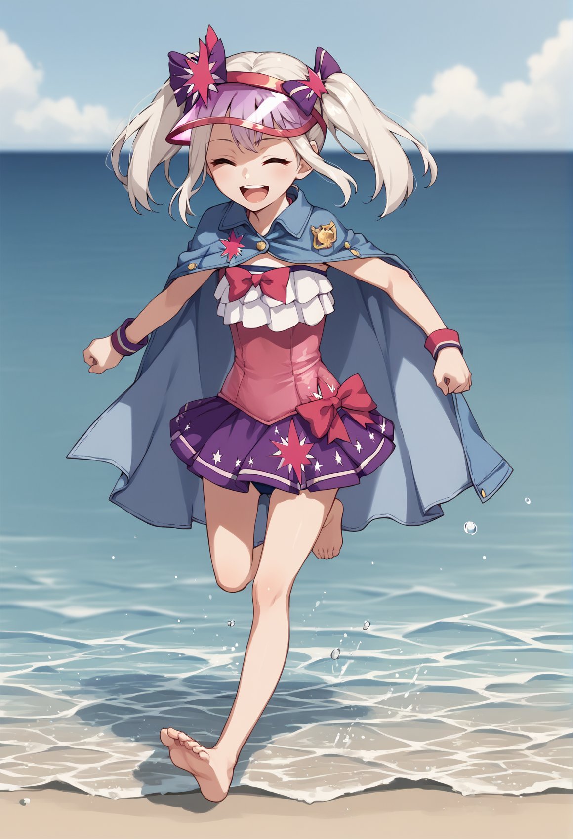 1girl, white hair, red eyes, long hair, twintails, bow, dress swimsuit, visor cap, cape, wristband, running, full body, barefoot, shore, ((twilight)), closed eyes, open mouth, smile, cowboy shot <lora:Illya_IQ2:1>, score_9, score_8_up, score_7_up, score_6_up, score_5_up, score_4_up, BREAK source_anime, masterpiece