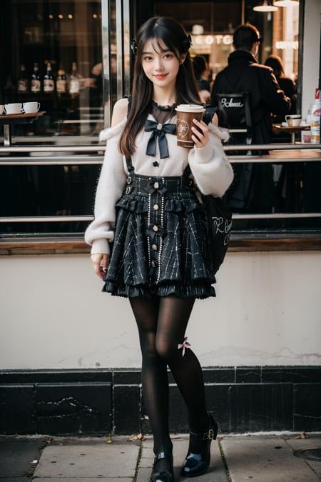 best quality, realistic, photorealistic, masterpiece, 1girl, solo, black hair, long hair, straight hair, looking at viewer, smile, standing, full body, dating attire, sweater, white sweater, bow sweater, shoulder cutout, skirt, buttons skirt, suspender skirt, pantyhose, shoes, in cafe, coffee, people, detailed background, <lora:dating_attire_style8_v1:0.7>, <lora:Background Detail Enhanced_Si_v3.0:1.2>