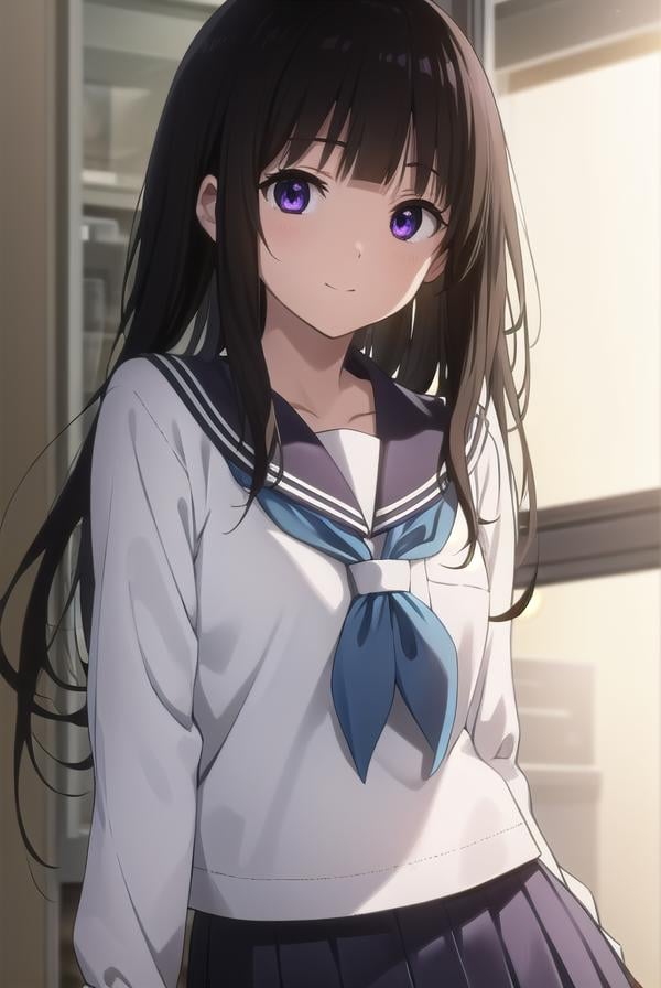 eruchitanda, <lora:eru chitanda s1-lora-nochekaiser:1>,eru chitanda, long hair, black hair, bangs, blunt bangs, (purple eyes:1.1), sidelocks, smile,BREAK skirt, school uniform, serafuku, kamiyama high school uniform \(hyouka\), black skirt, long sleeves, black sailor collar,BREAK indoors, classroom,BREAK looking at viewer, (cowboy shot:1.5),BREAK <lyco:GoodHands-beta2:1>, (masterpiece:1.2), best quality, high resolution, unity 8k wallpaper, (illustration:0.8), (beautiful detailed eyes:1.6), extremely detailed face, perfect lighting, extremely detailed CG, (perfect hands, perfect anatomy),