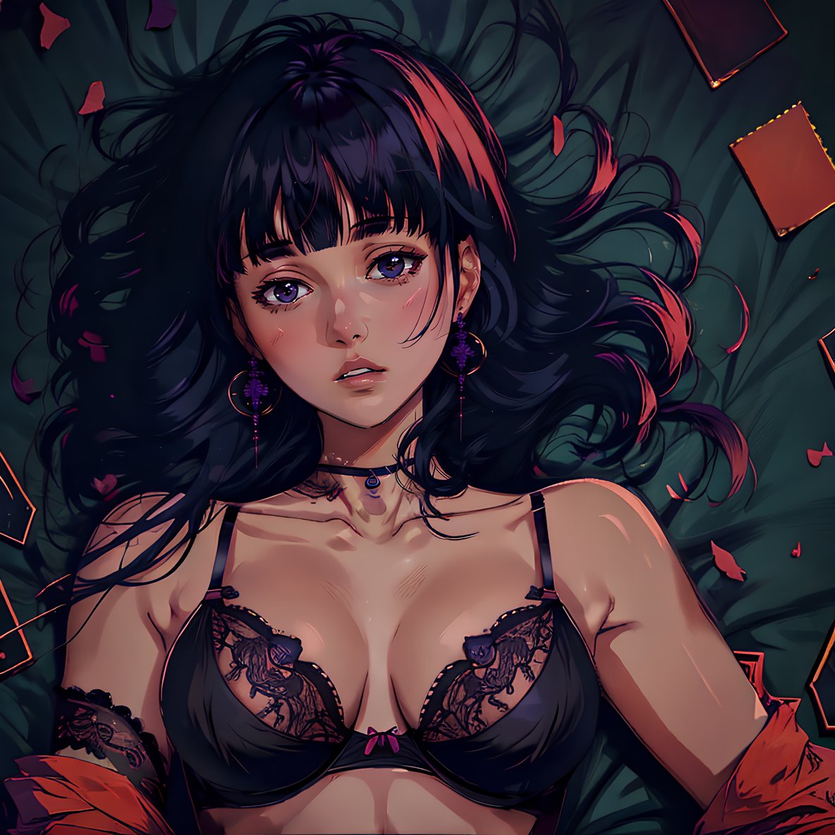 (high quality), vprwve_wnchlora, 1girl, solo, bangs, black hair, upper body, lying, parted lips, blunt bangs, on back, bra, (depth of field), <lora:vaporwave_lora-08:1.1>