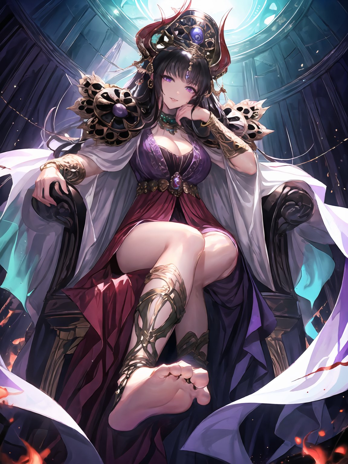 masterpiece,best quality,highres,cinematic lighting,dramatic angle,1girl,<lora:ShadowverseNephthysV1-000015:0.8:lbw=forte>,black hair,very long hair,jewelry,purple and red dress,purple eyes,looking at viewer,smile,crown,pelvic curtain,cleavage,capelet,shoulder armor,beads,jewelry,head tilt,feathers,green and purple fire,close-up,arm support,one hand on own cheek,portrait,soul flame,parted lips,glowing eyes,depth of field,bracelet,sitting on chair,skulls,legs crossed,gold footwear,bare feet,wine,(from below:1.3),(foot focus:1.2),(depth of field:1.3)