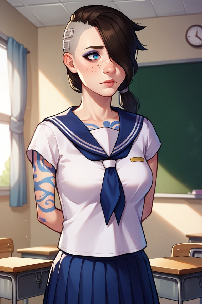 score_9, score_8_up, score_7_up, BREAK, 1girl, solo, breasts, <lora:angelbl-guy-PONYv1:.85>, angelbl, tattoo, freckles, makeup, hair over one eye, asymmetrical hair, ponytail, skirt, serafuku, indoors, classroom, arms behind back, 