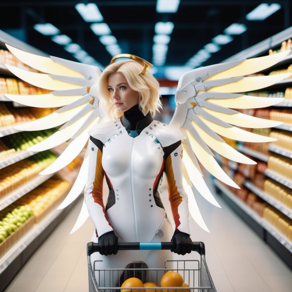 cinematic photo a woman with wings in the back in a white suit grocery shopping <lora:Angel1024:0.8> . 35mm photograph, film, bokeh, professional, 4k, highly detailed