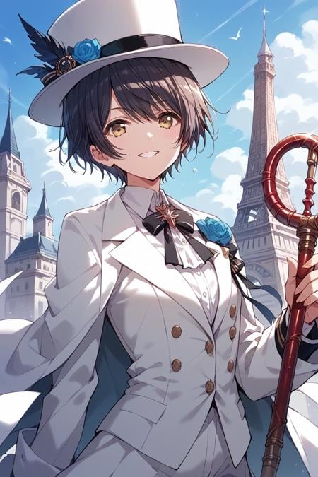 score_9, score_8_up, score_7_up, score_6_up, 1girl,<lora:Miyake_Aoi:0.9> aoi, short hair, white suit, (white high hat), metal cane, tower,