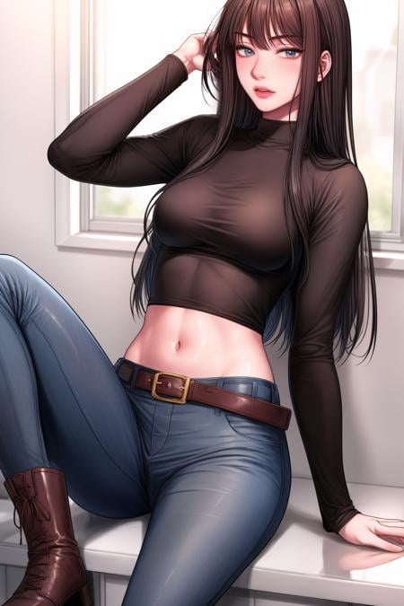 (masterpiece, best quality),<lora:Kang Yuna-lora-Faxtron:0.8> kang yuna, blueish-gray eyes, black hair, long hair, medium breasts, navel, belt, black turtleneck,  long sleeves, blue jeans, brown knee boots,<lora:add_detail:1> 