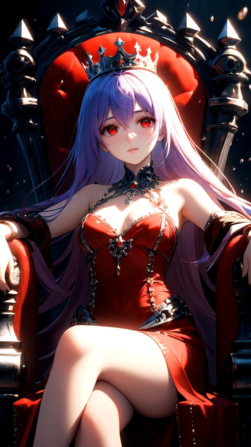 (((masterpiece))),best quality, illustration,(beautiful detailed girl), a girl ,solo,bare shoulders,flat_chst,diamond and glaring eyes,beautiful detailed cold face,red colors,surrounded by bloody drops,exaggerated perspective,cume bloody drops,a silver triple crown inlaid with obsidian,(sit) on the black ((throne)), (depth) of (field),8k,octane render masterpiece,masterpiece scale,beautiful depth of field,ultra wide field,ultra detailed CG perspective,ultra dynamic lighting amazing shadows,dramatic lighting,