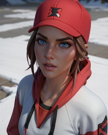 <lora:LoserFruit640:0.6> xyzloserfruit, 1girl, red cap, portrait quality, beautiful eyes, solo focus, makeup, ambient occlusion, white shoes, 3d render, hoodie, dramatic, closeup