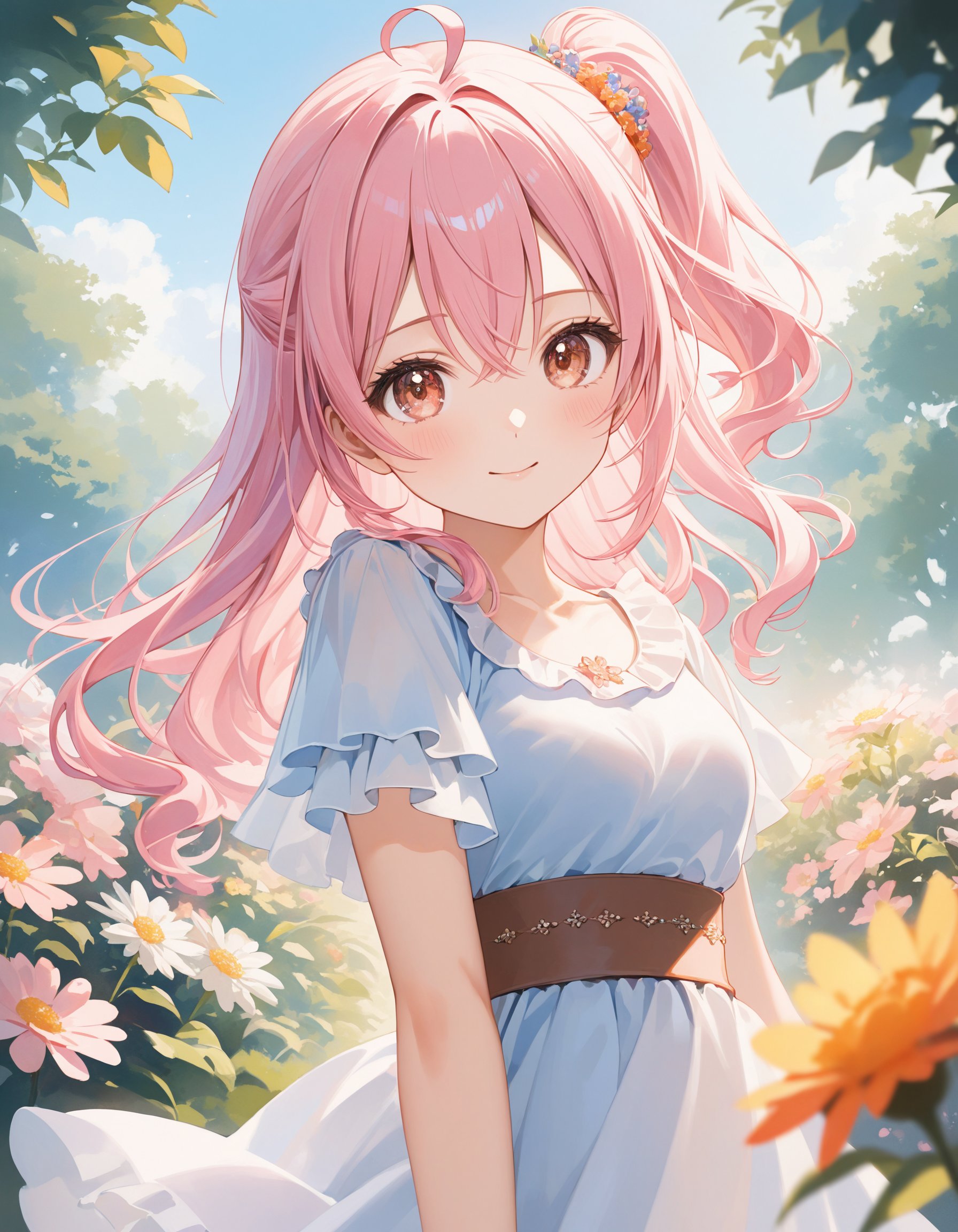 SceneDescription:   - Composition: Portrait. Face focus. Shooting from front.   - Subject: A cute girl.     - Characteristics:       - Face: (Cute round face:1.2).       - Eyes: Detailed brown eyes.       - Hair: Wavy hair, (side ponytail:1.05), pale pink hair, ahoge and hair between eyes.       - Body: Detailed slender body. Medium breasts.       - Clothing: White chiffon a-line dress, flutter short sleeves, layered ruffled skirt and ribbon waist.       - Expression: Happy expression. Close mouth.       - Posing: Contrapposto. Head tilt. Looking at viewer.   - Background: Fashionable flower garden.     - Elements: Blue sky. Time: Daytime. Lighting: (Natural lighting:1.4). ArtStyle: Watercolor. Traditional media. Blurry. Pale pastel colors. Quality: Intricate details. Extremely detailed. Outstanding intricacies. (Masterpiece:1.2). (Best quality:1.2). (Absurdres absolutely resolution:1.4). Mood: Pastel atmosphere.