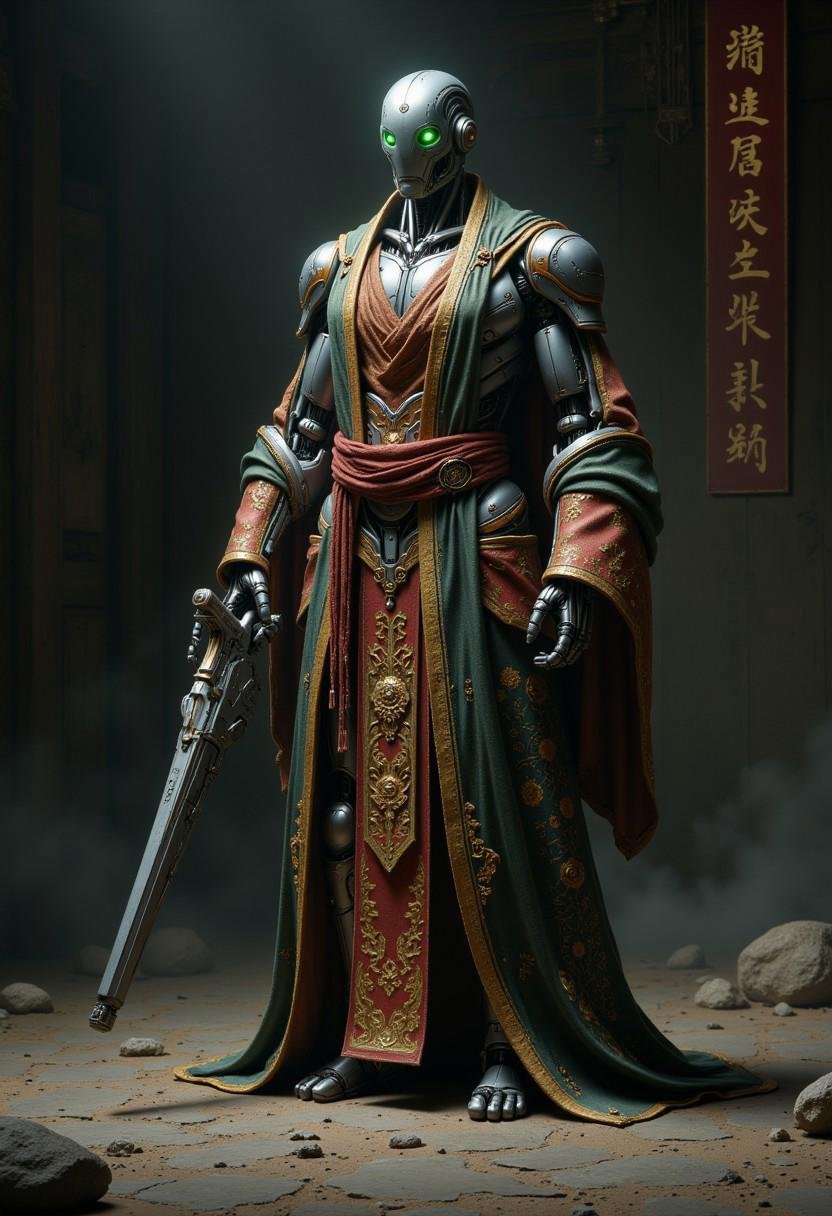 Create a detailed, atmospheric portrayal of a futuristic, humanoid robot warrior standing in a dimly lit, minimalist environment. The robot is dressed in traditional, flowing Chinese robes with intricate golden patterns, blending ancient cultural aesthetics with advanced technology. It has a sleek, metallic head with a glowing green visor, exuding intelligence and purpose. The robot's hands grip a large, sophisticated energy weapon, ready for battle. The scene evokes a sense of a dystopian future where ancient traditions merge with cutting-edge technology. The background is dark and simple, emphasizing the figure, with subtle lighting highlighting the textures and details of the robot's attire and weapon. The image should convey a sense of power, mystery, and the fusion of old and new