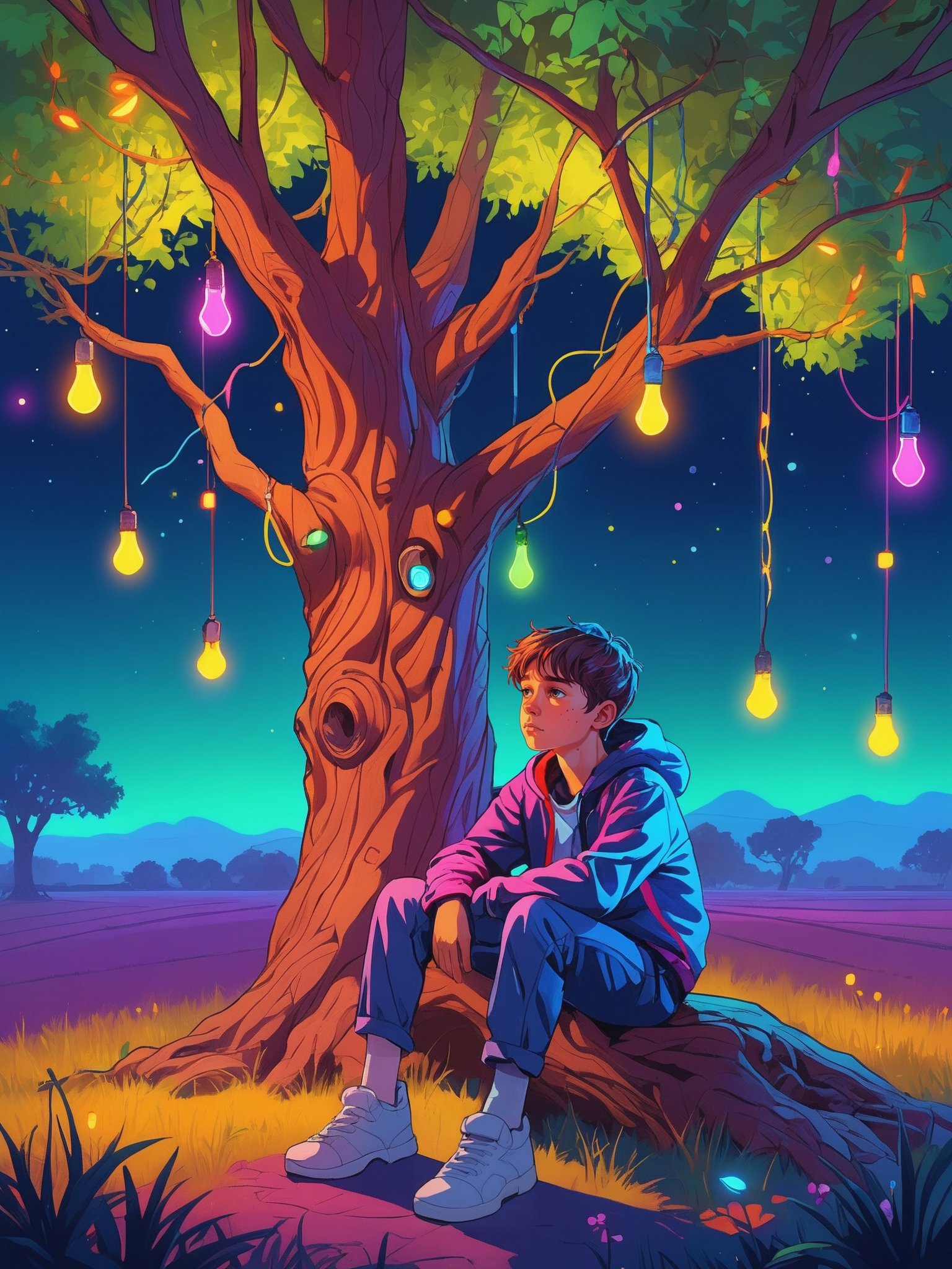 2D colorful illustration of a boy sitting against a tree, neon colors, pensive, sad, thinking about the future, vegetation and fields, lightbulbs and garlands in tree