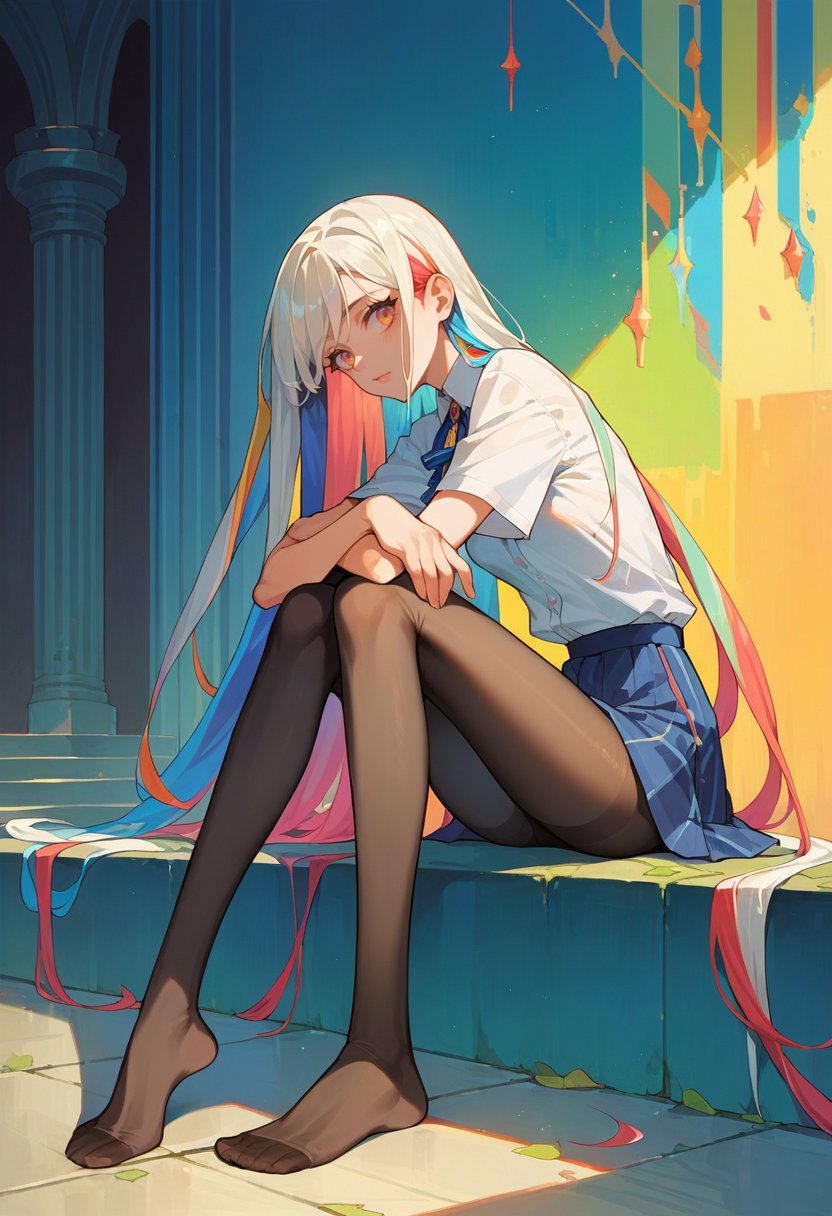 score_9, score_8_up, score_7_up, score_6_up, source_anime, masterpiece, newest,Highly detailed, 1girl, skinny, slender, innocent, sitting, arms at sides, long hair, pantyhose, no shoes, colorful hair, multicolored hair,