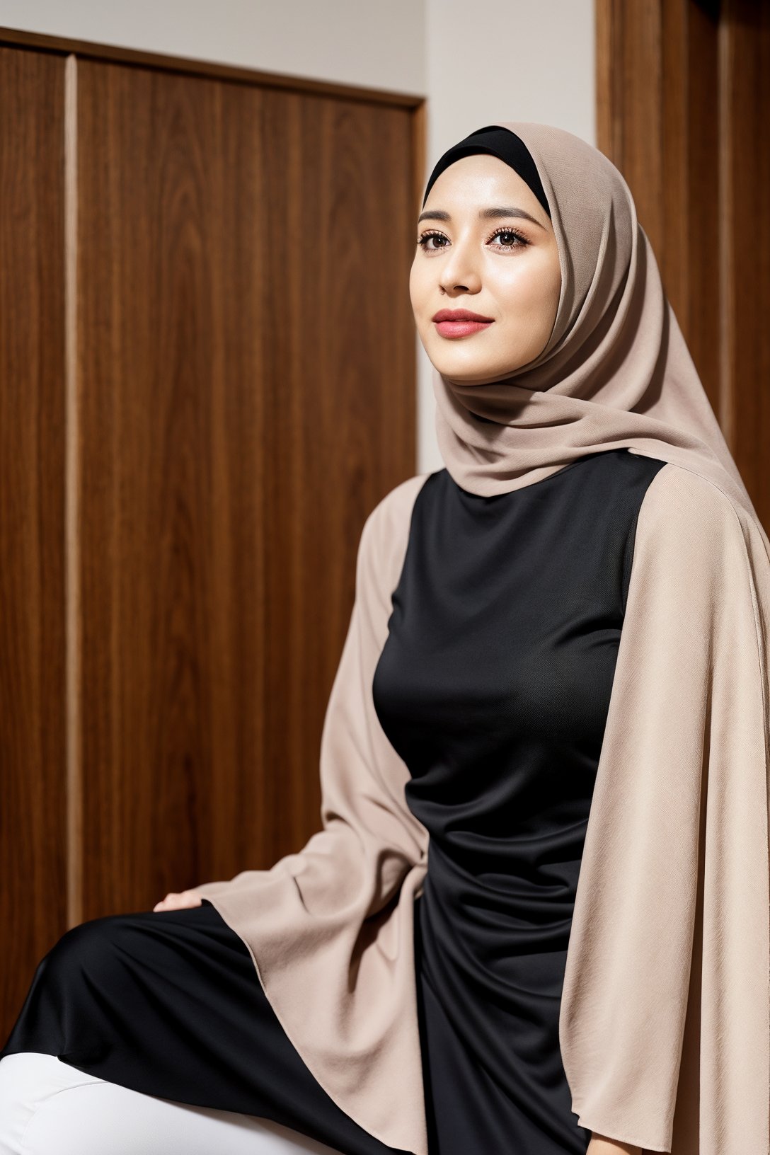 1girl, hijab, beige and black dress, super realistic 3/4 shot,   <lora:hijabindox:1>