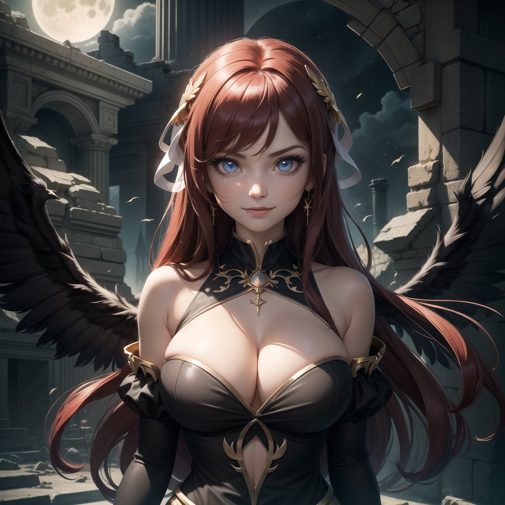 ((masterpiece, best quality, extremely detailed), volumetric lighting, ambient occlusion, colorful, glowing, expressive eyes),

1girl, long eyelashes, red hair, long hair, red eyes, black dress, neckline, cleavage, bare shoulders, long sleeves,
large bird wings, (black wings), beautiful angel wings, exposed thighs, navel, exposed waist, (gold jewelry),
night, moon, stars, clouds, ancient dungeon, destroyed ancient ruins, 
(scary environment:1.3),

angry, evil smile,
upper body, close up, portrait,