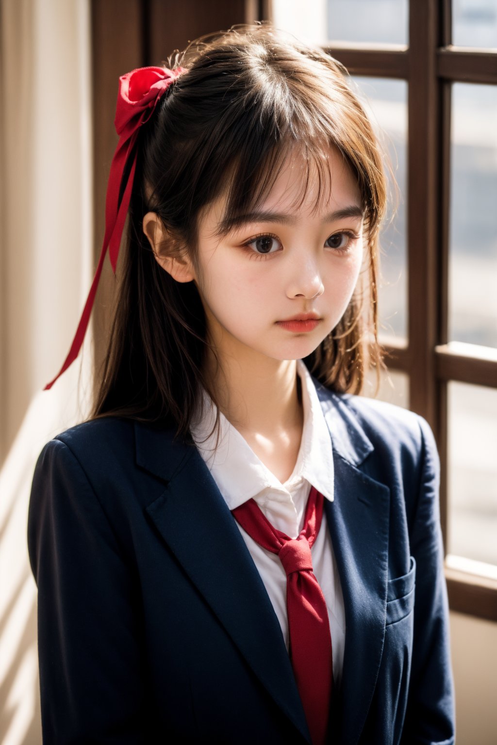 A pensive schoolgirl with a bow in her hair and wearing a dark blazer over a white shirt with a red ribbon tie looks away thoughtfully. The soft daylight accentuates her youthful innocence.,eyes look down,