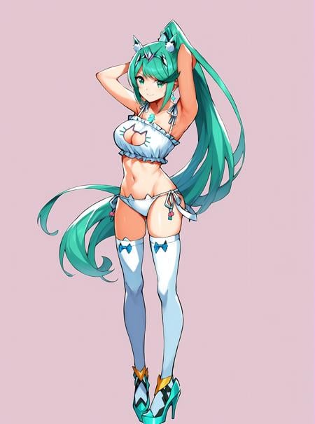 pneuma \(xenoblade\),   shiny skin, official_art, anime coloring,  (absurdres), score_9, score_8_up, score_7_up, score_6_up, score_5_up, score_4_up, BREAK masterpiece ,1girl,solo,<lora:PneumaBlade-05:0.8>pneumaBlade, long hair, green hair, bangs, swept bangs,gem, silver tiara, jewelry, white ponytail, breasts, earrings, green eyes,hair ornament,large breasts, (chest jewel:1),cat lingerie, cat_keyhole_bra, fake animal ears, cat ears, , simple background, pink background,arms over head, high heels,  armpits, white legwear, ,nail polish, sleeveless, bare neck,standing,solo