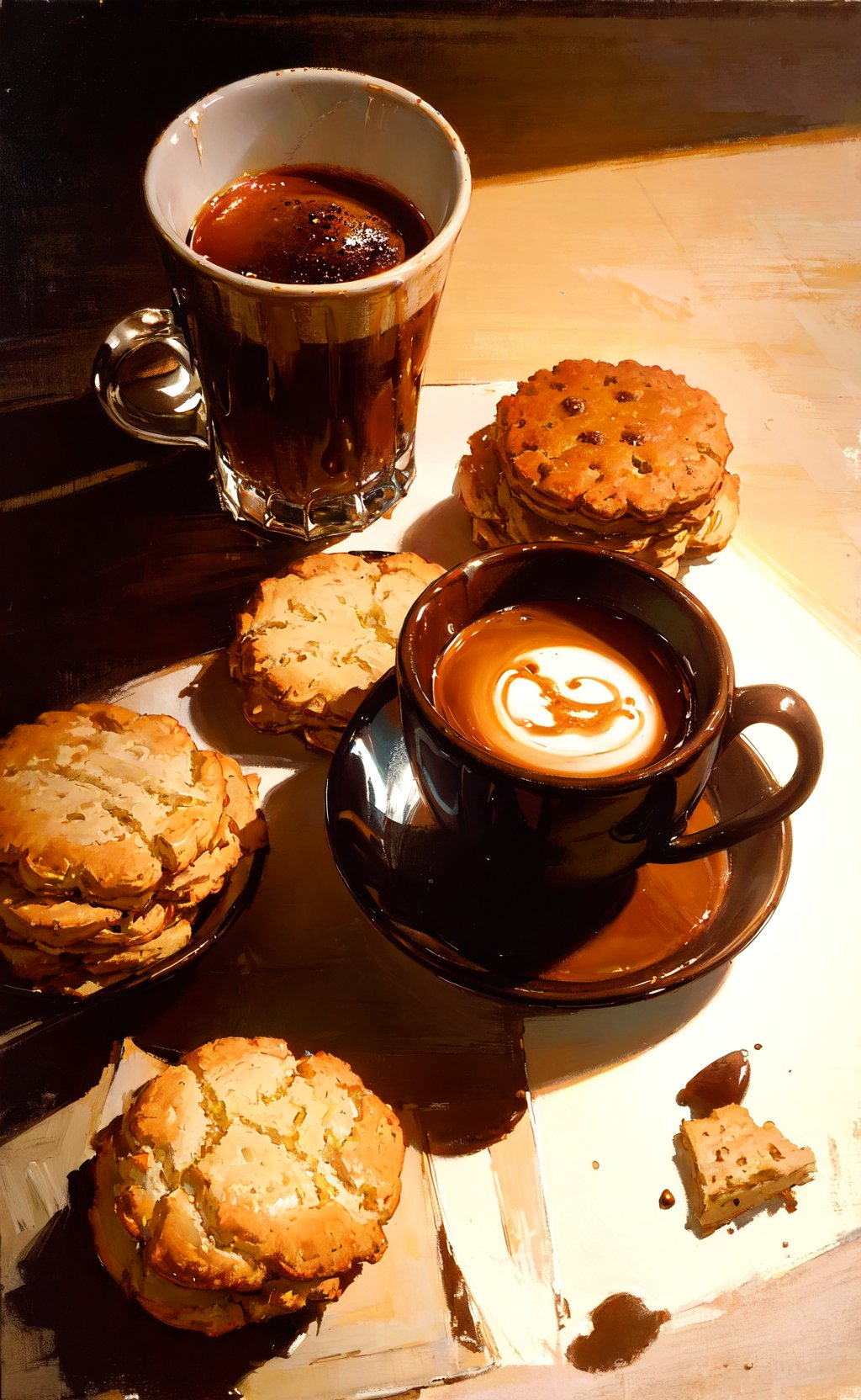 oil painting, food photography, cup of coffee, biscuits, soft lighting, volumetric lighting, rim lighting