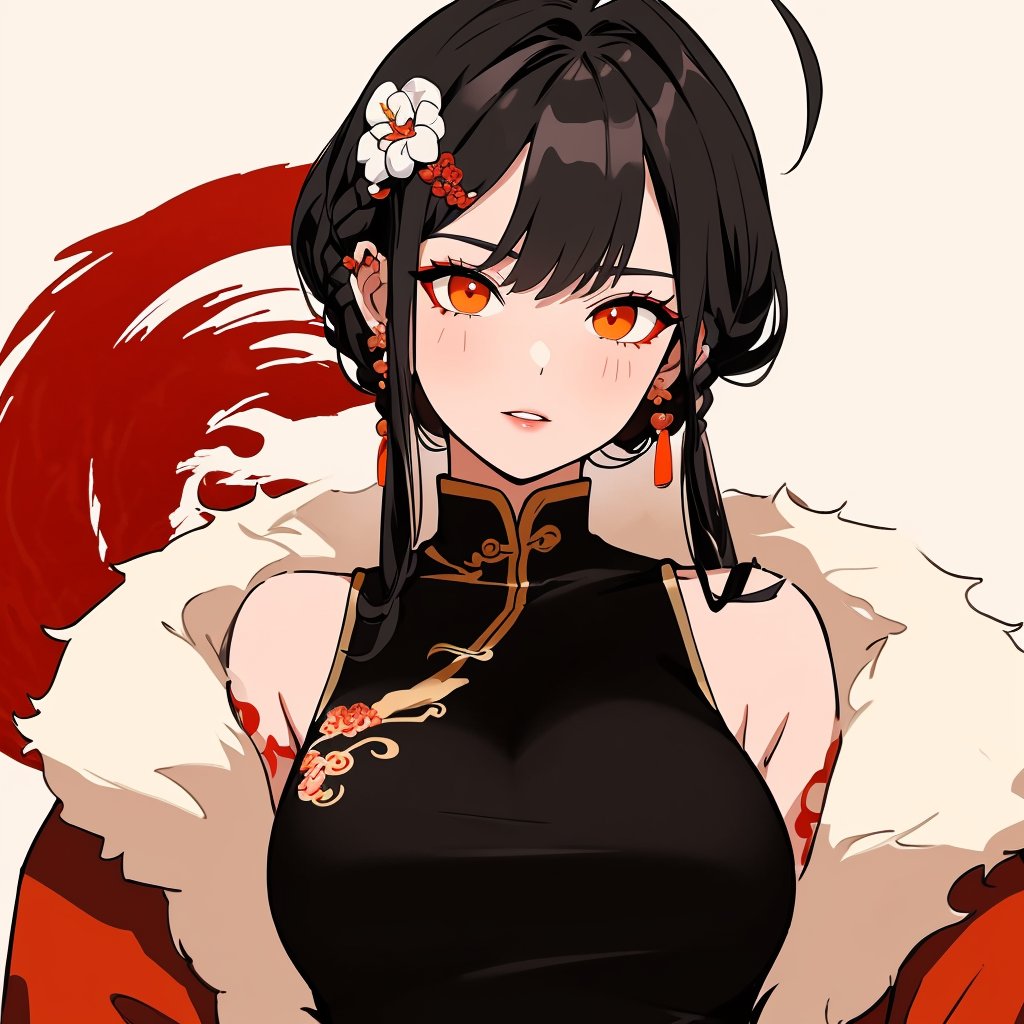 (best quality),(masterpiece),(ultra-detailed),illustration,8k wallpaper,best illustration,1girl,chinese clothes,solo,looking at viewer,black hair,hair ornament,hair rings,upper body,bangs,red dress,china dress,dress,braid,ahoge,dragon,white background,fur trim,breasts,red eyes,parted lips,flower,eastern dragon,tassel,short hair,orange eyes,<lora:chgirlnewyear-0012:0.8>,