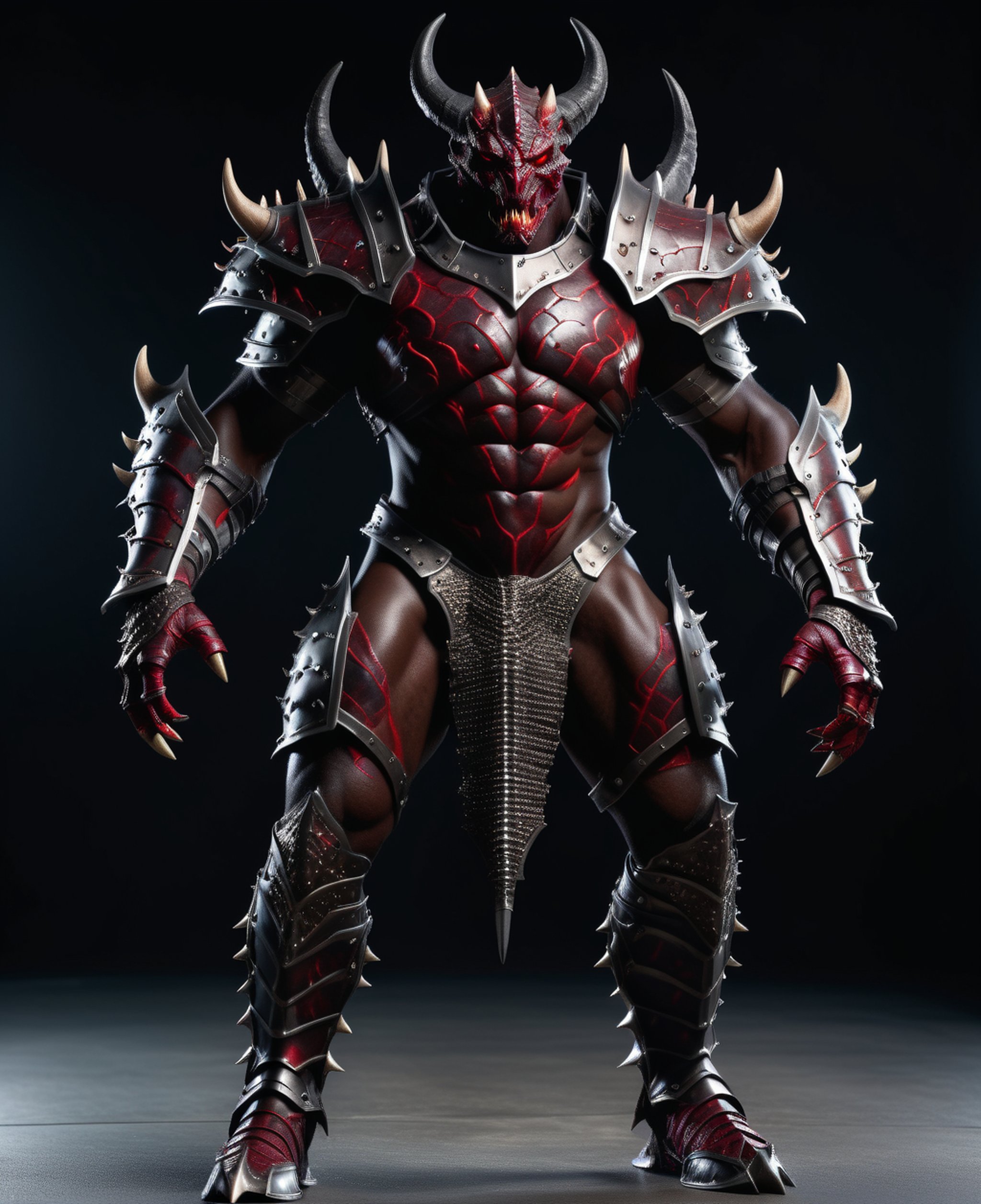 full body photo of an armored demon dark red skin, black armor, sharp focus, 16K digital photo, (subsurface scattering:0.7)