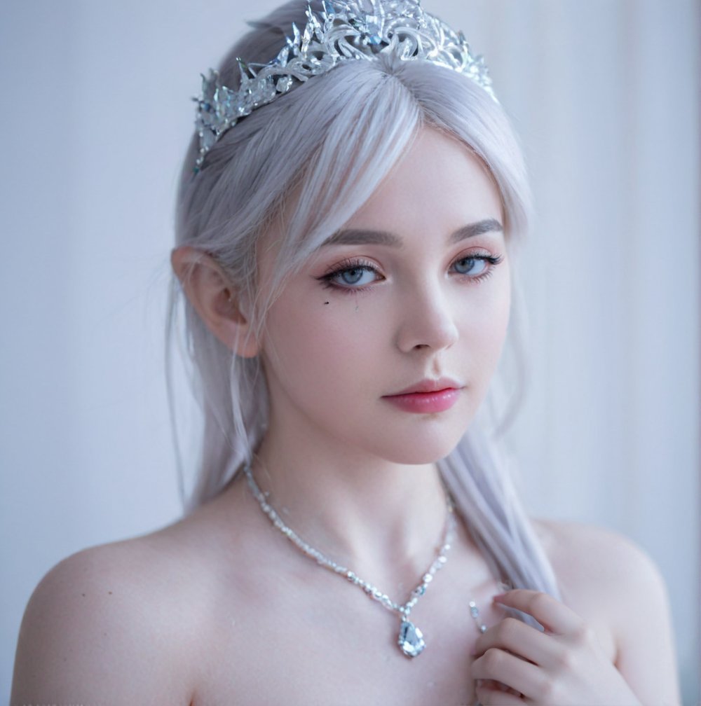 fairy, noble, elegant, beautiful, 1girl, jewelry, necklace, mole, mole under eye, solo, realistic, lips, bare shoulders, white hair, depth of field, makeup,<lora:jingling-0000010:0.6>,