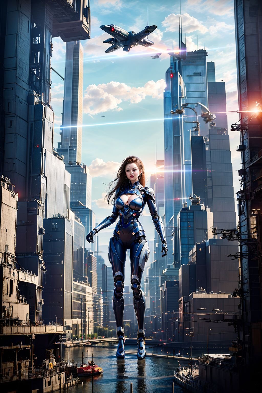 (masterpiece, best picture quality:1.3),(SCI-FI City,scenery,science fiction:1.4),city,building,cityscape,sky,aircraft,outdoors,skyscraper,lens flare,cloud,spacecraft,realistic,sky,planet,cyborg,robotic parts,large breasts,1girl,solo,long hair,looking at viewer,cleavage,full body,flying,