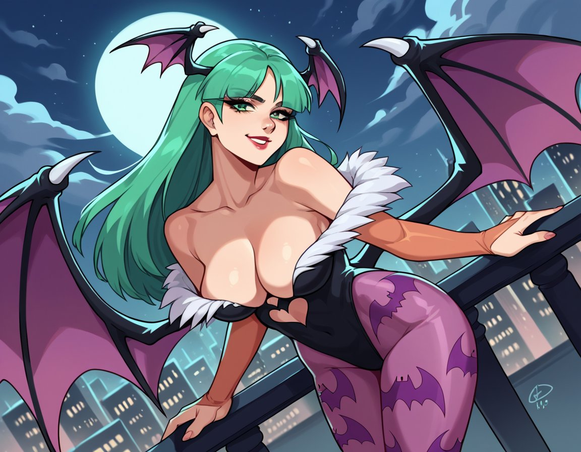 score_9, score_8_up, score_7_up, source_anime, morriganaensland, <lora:morrigan-aensland-ponyxl-lora-nochekaiser:1>, morrigan aensland, green eyes, green hair, head wings, lipstick, long hair, makeup, pale skin,, animal print, bat print, bat wings, black leotard, cleavage, clothing cutout, demon girl, fur trim, fur-trimmed leotard, heart cutout, leotard, low wings, pantyhose, print pantyhose, purple pantyhose, wings, cityscape, night, moon, bent over, smile, looking at viewer, solo, cowboy shot, dutch angle