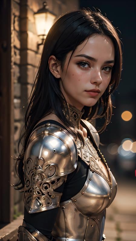 Portrait of a girl, the most beautiful in the world, (medieval gold armor), metal reflections, upper body, outdoors, intense moonlight, far away castle, professional photograph of a stunning woman detailed, perfect bobbed sexy intense black hair, sharp focus, dramatic, award winning, cinematic lighting, volumetrics dtx, (film grain, blurry background, blurry foreground, bokeh, depth of field, perfect night, interaction, Perfect chainmail), (masterpiece), (extremely intricate:1.3), (realistic), HDR+