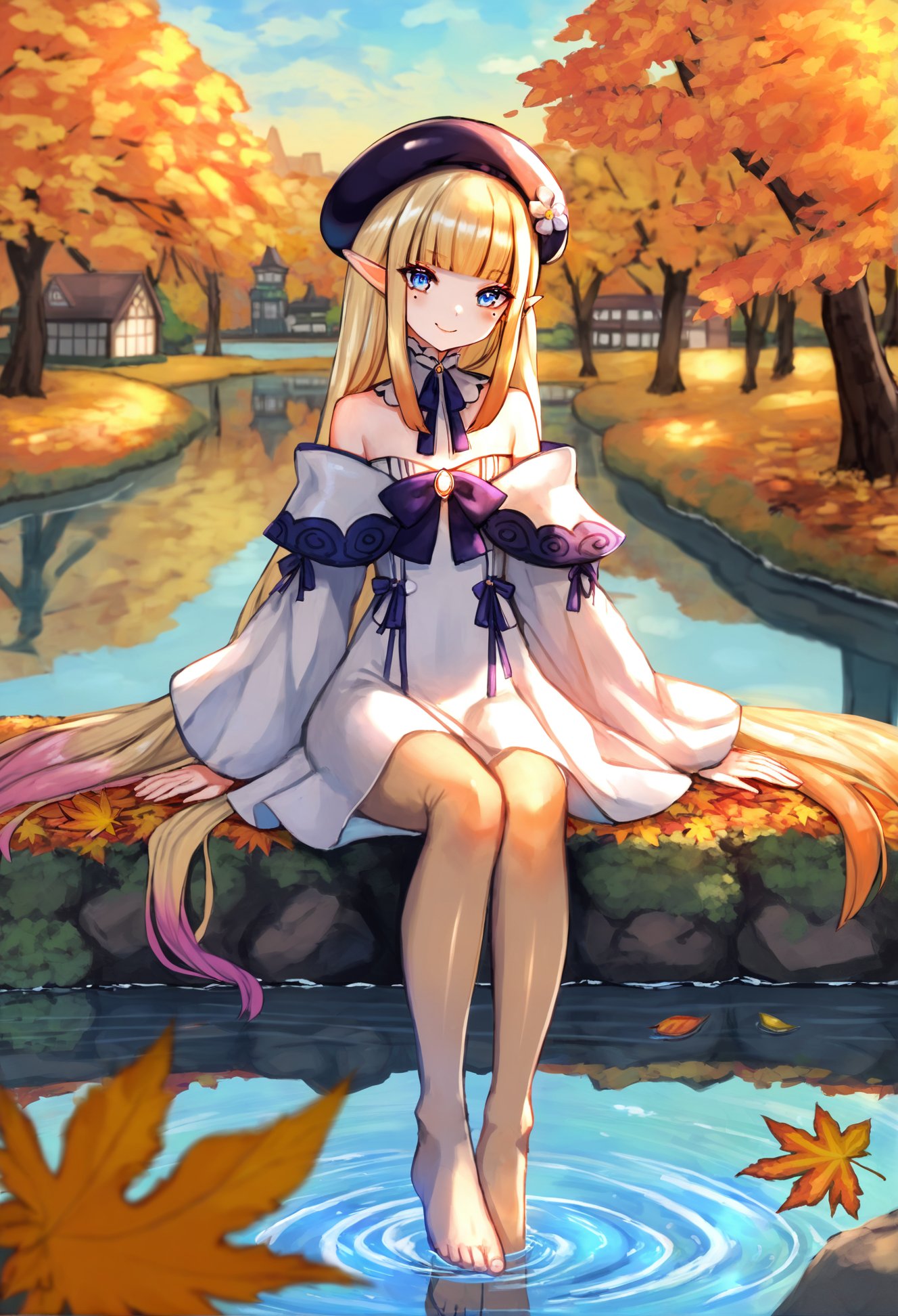 masterpiece, best quality,1girl,   solo, bangs, very long hair, long hair, flower, looking at viewer, sitting, blunt bangs, purple hair, blue eyes, virtual youtuber, dress, breasts, white dress, multicolored hair, blush, mole, sidelocks, water, bare shoulders, barefoot, reflection, outdoors, tree, solo, autumn leaves, scenery, reflective water, day, water, standing, bag, long sleeves, thighhighs, autumn, pantyhose, building, sky, leaf, shoes, small breasts, tentacle hair, mole under eye, hat, smile, blonde hair, wide sleeves, pointy ears, bush, lake, off shoulder, closed mouth, full body, beret, gradient hair, orange hair, blue sky <lora:さばみそ太郎XLlokr8f-000097:0.95>