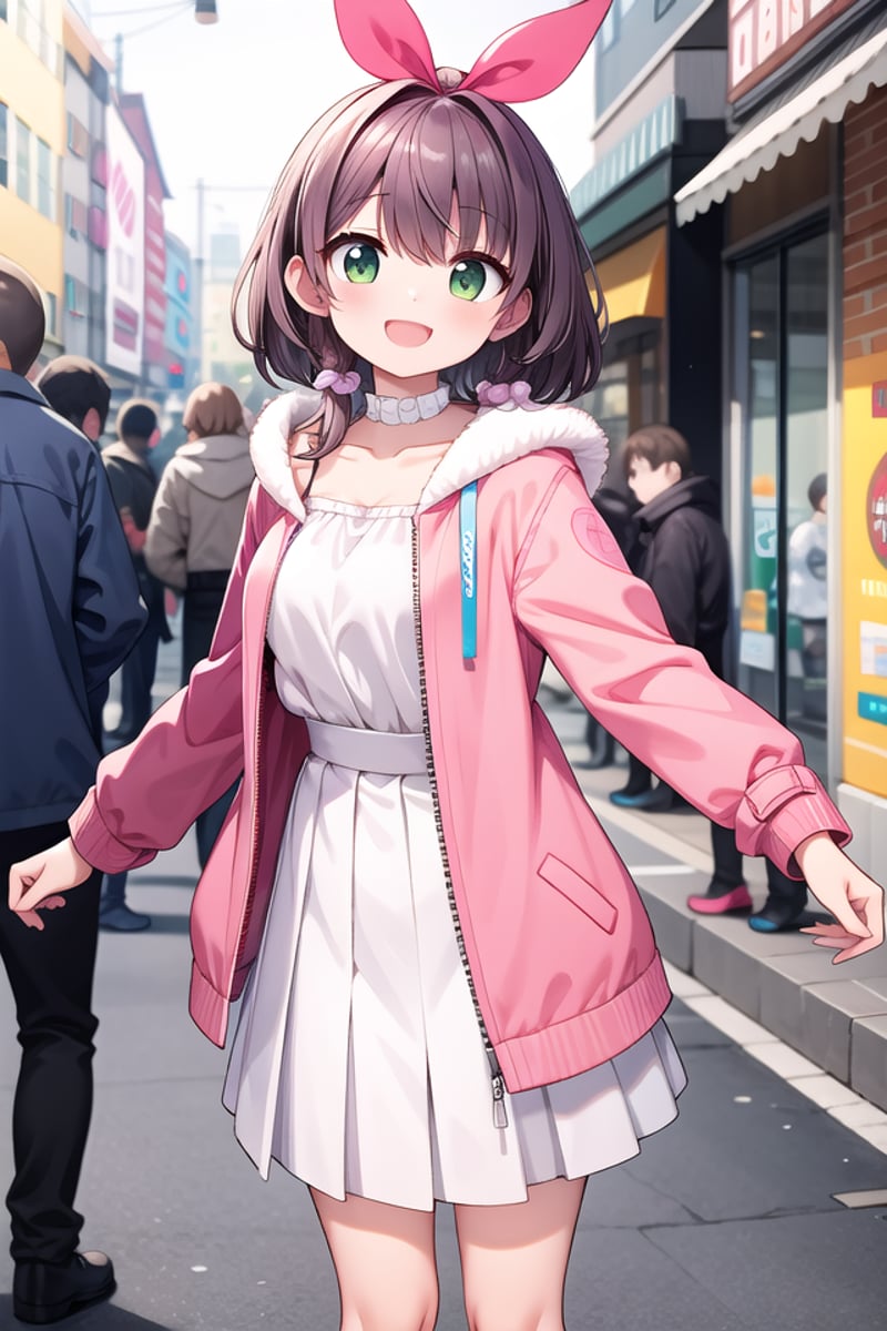 <lora:talkmouth_A_type1_v200:1>insanely detailed, absurdres, ultra-highres, ultra-detailed, best quality,1girl, solo, nice hands, perfect handsBREAK(pink and white theme:1.4), (Wearing a (long sleeve pink coat with fur color) over a white high neck blouse:1.4), (fur cuffs:1.3), (double pillar button:1.3), (pocketless:1.4), (plain ivory-white pantyhose:1.4), (pink heeled boots with lace-up:1.2)    BREAK    (wine-red pleated skirt:1.3)    BREAK    (naked skin:-1), (See-through:-1), (pocket:-1), (black pantyhose:-1), (wine:-1), (red coat:-1), (white coat:-1), (red tops:-1), (white skirt:-1), (pink skirt:-1), (black skirt:-1), (text on clothes:-1), ((mark, logo, pattern) on pantyhose:-1), (tone pantyhose:-1), (bare shoulders:-1)BREAK(nsfw:-1.5)BREAKsmile, open mouthBREAK,standing, cowboy shot, looking at viewerBREAKslender, kawaii, perfect symmetrical face, ultra cute girl, ultra cute face, ultra detailed eyes, ultra detailed hair, ultra cute, ultra beautifulBREAKin street, cityscape in harajuku, depth of field, ultra detailed backgroundBREAKlarge breastsBREAKorange hair, green eyes, spiked hair, 