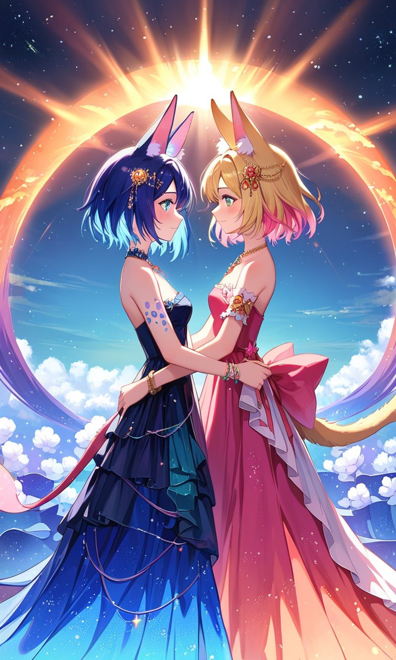 (masterpiece, best quality, very aesthetic, ultra detailed), score_9, score_8_up, score_7_up,  (2girls) in dress, animal ears, short hair, colored hair, blush, jewelry,bracelet,glowing,necklace, supernatural and quixotic structures,jagged rock formations,biomorphic,nebula,ethereal,dappled light,black,teal,purple, sunlight, outdoors, detailed, intricate, absurdres,  <lora:绪儿XL 丝路流光﷿ XUER Silk Road glowing dress:1>, XUER Silk Road glowing dress,  <lora:MJ52:0.7>