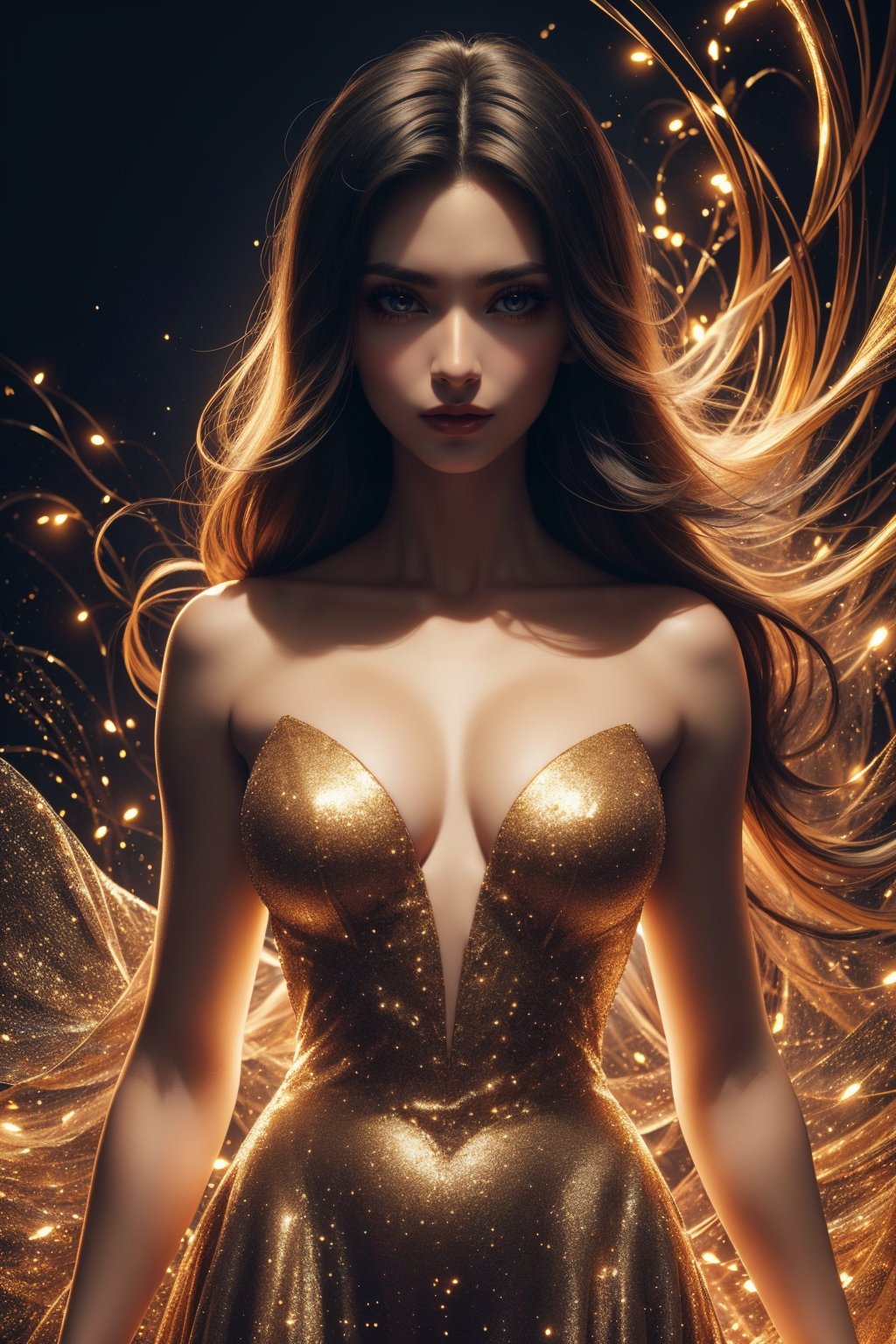 Best quality, hyper-high detail, very high res, image of a woman in gown of golden luminescence, bzwaves, dark background, reflection, glowing, ethereal golden waves, illuminating the dark, brightcolors, cowboy shot, dress made of stars, flowing gown of golden light, Solo,Perfect body shape,Black eyes, Black hair to the shoulders, (golden theme), Beautiful eyes, shiny skin, Shiny hair, weaving light, (detailed and beautiful shiny clothes)(dynamicposes:1.3), 1 girl,1 girl,glitter<lora:EMS-306342-EMS:0.800000>
