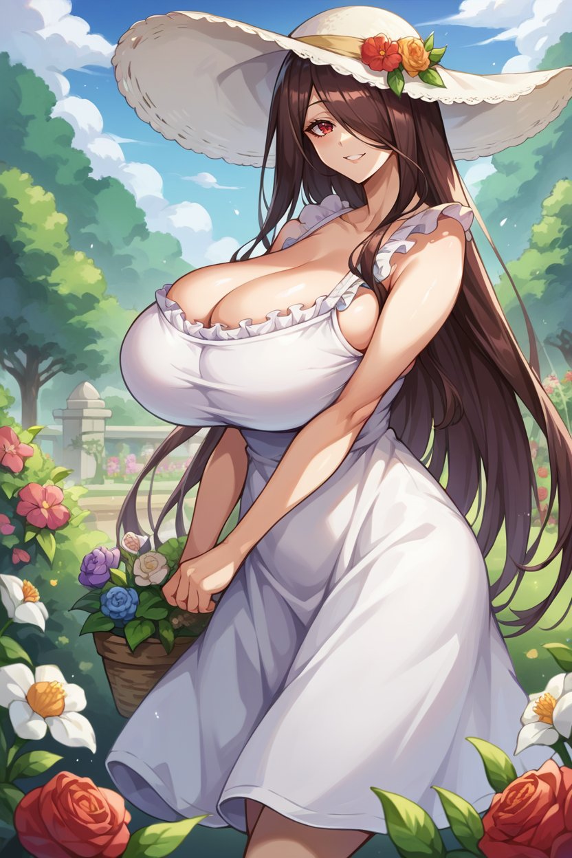 score_9, score_8_up, score_7_up, score_6_up, source_anime, BREAK 1girl,  <lora:saikafuuma-pdxl-nvwls-v1-000005:1> defsaika, red eyes, huge breasts, sun hat, white sundress, frills, garden, flowers, happy