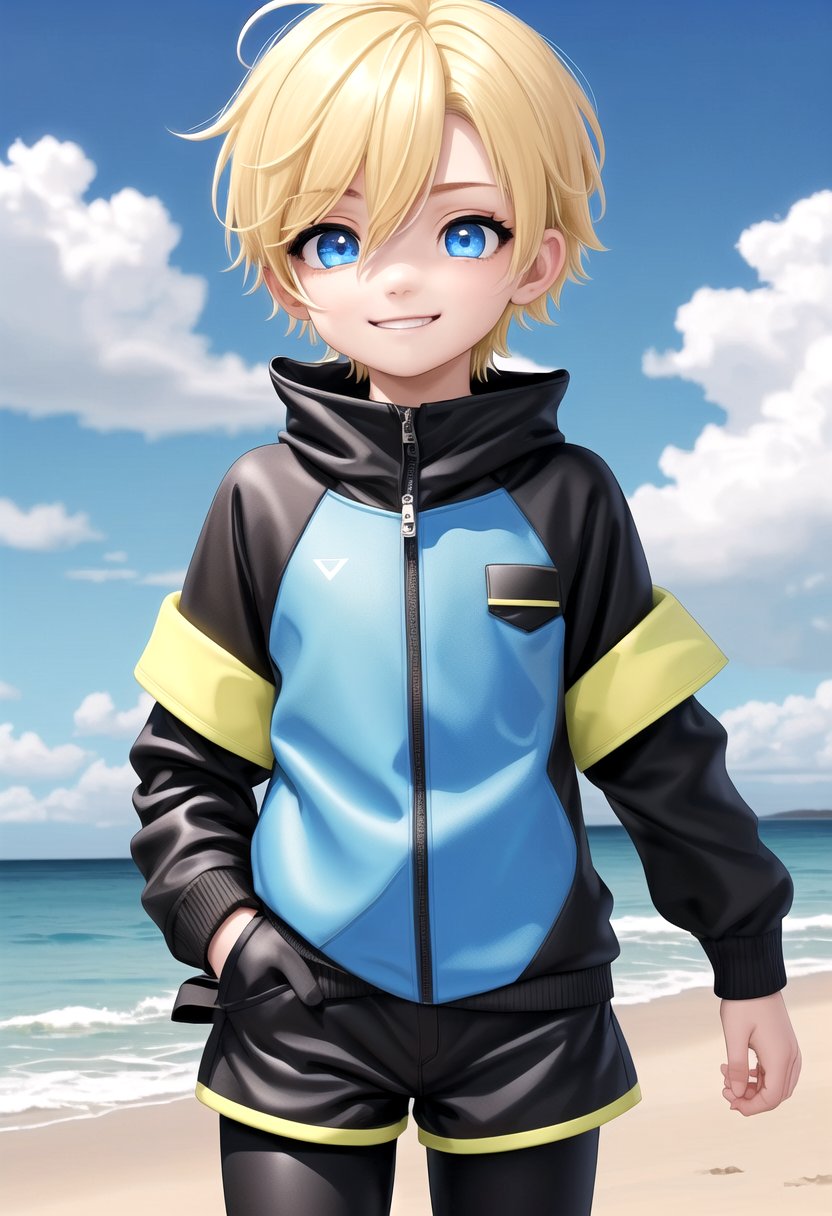 (1boy:1.4), (very short hair), crew cut, (solo:1.4), sfw, (bulge:0.4), male character,  multicolored background, hair between eyes, highlight in eyes, (blonde hair:1.4) (blue rashguard :1.1), (hot pants:1.2) , colorful eyes, male character, male focus, multiple details, sky, sea, beach , outside, short hair, handsome, beautiful eyes (vocaloid), delicate features, high light in eyes, (narrow chin:1.5), triangle chin, (introvert:1.6) petite, young, juvenile, short hair, male face, detailed beautiful little boy, adorable boy, sparkling eyes, evil grin, energetic eyes, jacket,(masterpiece:1.2), best quality, high resolution, unity 8k wallpaper, (illustration:0.8), (beautiful detailed eyes:1.6), extremely detailed face, perfect lighting, extremely detailed CG, (perfect anatomy), GS-Boyish, 