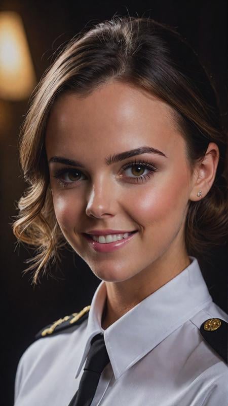 RAW photo of a Dillion Harper, slight smile, white uniform, masterpiece, portraite, photo of face, lighting should be warm and inviting, front view, (realistic:1.2), sharp focus, best quality, (fractal:1.2), hyper detailed, depth of field detailed indoor background, soft muffled lighting, soft shadows, dark noir,, <lora:add-detail-xl:1>
