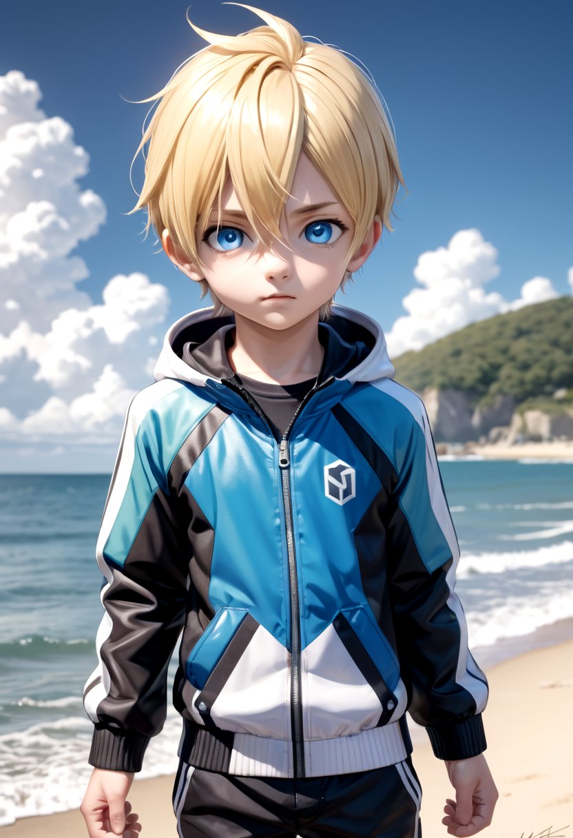 sota, solo,looking at viewer,short hair,bangs,blue eyes,blonde hair,long sleeves,1boy,hair between eyes,closed mouth,standing,jacket,male focus,cowboy shot,outdoors,sky,day,pants,cloud,hood,water,blue sky,ocean,beach,black pants,hood down,child,multicolored clothes,zipper,horizon,male child,wall,multicolored jacket,two-tone jacket,(masterpiece:1.2), best quality, high resolution, unity 8k wallpaper, (illustration:0.8), (beautiful detailed eyes:1.6), extremely detailed face, perfect lighting, extremely detailed CG, (perfect anatomy),