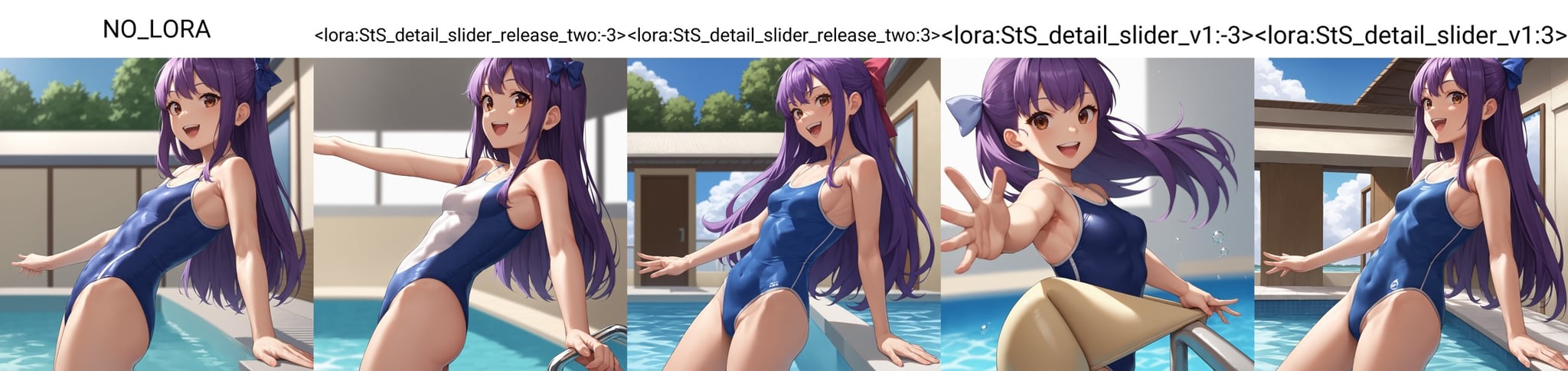 score 9, score 8 up, score 7 up, source anime, 1girl, from side, solo, long hair, purple hair, hair bow, brown eyes, small breasts, swimsuit,  standing, cowboy shot, reaching towards viewer, smile, open mouth, pool, NO_LORA