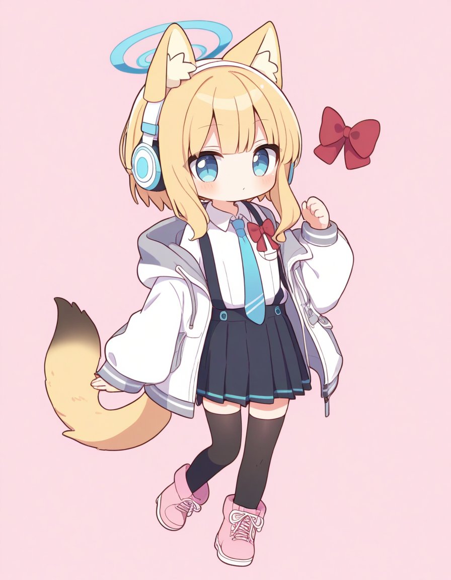 1girl, animal ear headphones, animal ears, black skirt, black thighhighs, blonde hair, blue necktie, boots, bow, chibi, collared shirt, dress shirt, fake animal ears, full body, hair bow, halo, hand up, headphones, hood, hood down, hooded jacket, jacket, long sleeves, necktie, off shoulder, pink background, pink footwear, pleated skirt, red bow, shirt, sidelocks, simple background, skirt, solo, suspender skirt, suspenders, tail, tail bow, tail ornament, thighhighs, thighhighs under boots, white jacket, white shirt, wide sleeves 