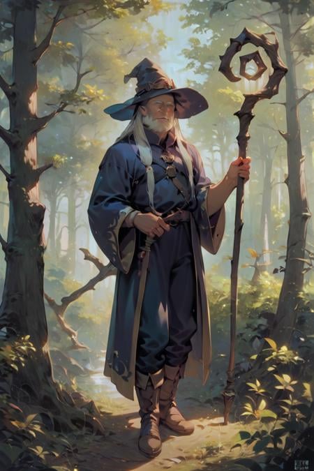 score_9, score_8_up, score_7_up, wizard, old, 1boy, old man, male focus, hat, beard, solo, staff, witch hat, facial hair, forest, nature, robe, long hair, looking at viewer, tree, holding, white hair, outdoors, holding staff, boots <lora:Anime Summer Days 2 Style SDXL_LoRA_Pony Diffusion V6 XL:1>