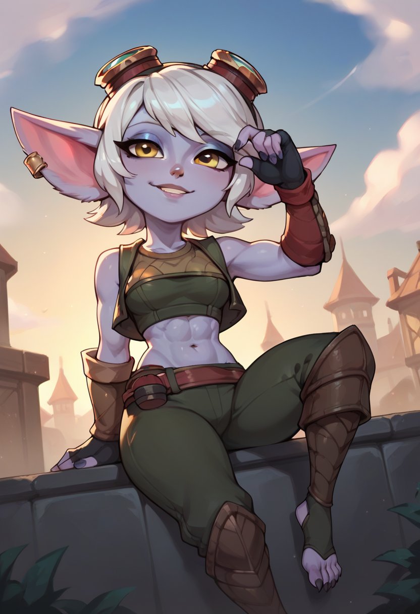 score_9, score_8_up, score_7_up, score_6_up, tr1st4na, yordle, 1girl, colored skin, pointy ears, short hair, white hair, yellow eyes, midriff, иgoggles, goggles on head, earrings, gloves, fingerless gloves, pants, toeless legwear, <lora:Tristana_Default_v1:0.7>, sitting